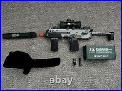 Airsoft KWA H&K Umarex Mp7 Bundle with Mock Suppressor, Red Dot, Grip, & More