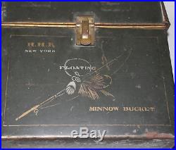 Antique Metal Floating Fishing Minnow Bucket H. H. K. New York with Hinged Lid