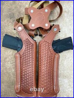 Brown Leather Basketweave Vertical 2-Gun Double Shoulder Rig for BERETTA 92FS ++