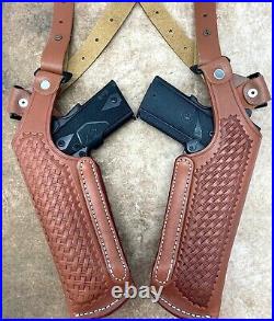 Brown Leather Basketweave Vertical 2-Gun Double Shoulder Rig for H&K USP 9 40 45