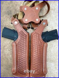 Brown Leather Basketweave Vertical 2-Gun Double Shoulder Rig for H&K USP 9 40 45