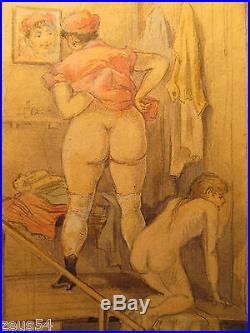 Erotische originale farbige Hand Zeichnung H. K. (19)12 Auf der Kammer