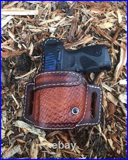 Hand Tooled Leather Retention OWB Holster-Brown- Basket Weave