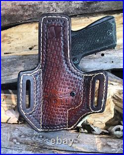 Hand Tooled Leather Retention OWB Holster-Brown- Basket Weave