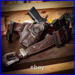 Heckler & Koch Texas BBQ Rig Hand Carved Gun Belt with Handcuff & Dual Mag Pouch Heckler & Koch Texas BBQ Rig Hand Carved Gun Belt with Handcuff & Dual Mag Pouch