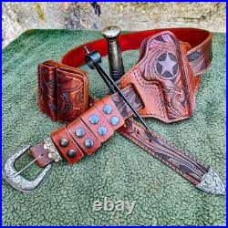 Texas BBQ Rig Hand Carved Leather Gun Belt With 3 Piece Buckle Heckler & Koch