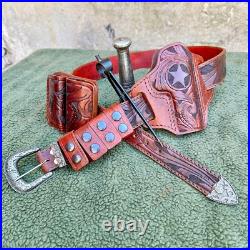 Texas BBQ Rig Hand Carved Leather Gun Belt With 3 Piece Buckle Heckler & Koch