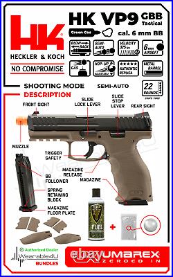 Umarex H&K VP9 Tactical GBB AirSoft Pistol w Green Gas Can, Mag and BBs Bundle