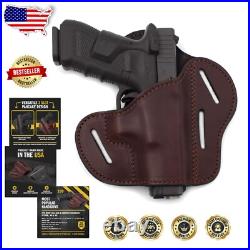 Versatile 3-Slot OWB Gun Belt Holster Fits Multiple Firearms Brown Leather