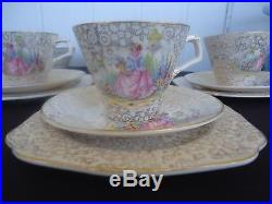 Vintage pinkie crinoline lady h&k tunstall tea set 6 cups & saucers trios deco